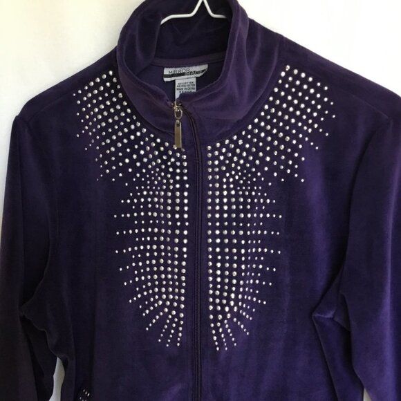 Mirror Image Vintage Sweatshirt Silver Studded Deep Purple Velour Sz Medium Zip - Picture 6 of 6